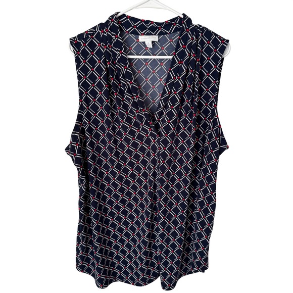Charter Club Womens 3X Navy Blue Geometric Lattice Sleeveless V-Neck Blouse Top - Picture 2 of 5